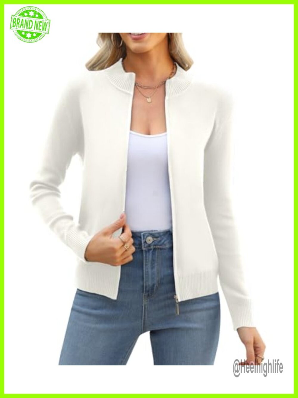 Women's Zip Up Cardigan Lightweight Knitted Long Sleeve Crew Neck Sweater
